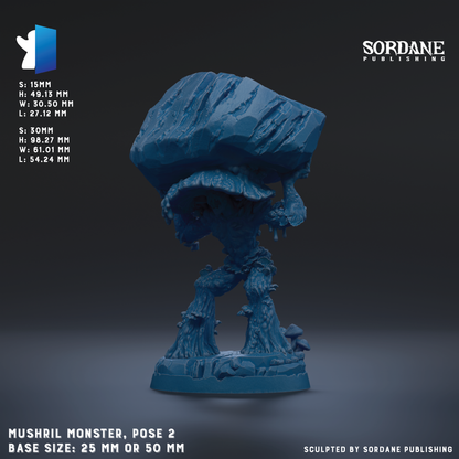 The image is a 3D rendering of a blue mushroom-like creature, possibly a monster or a figurine, with a text overlay providing information about its size and base.