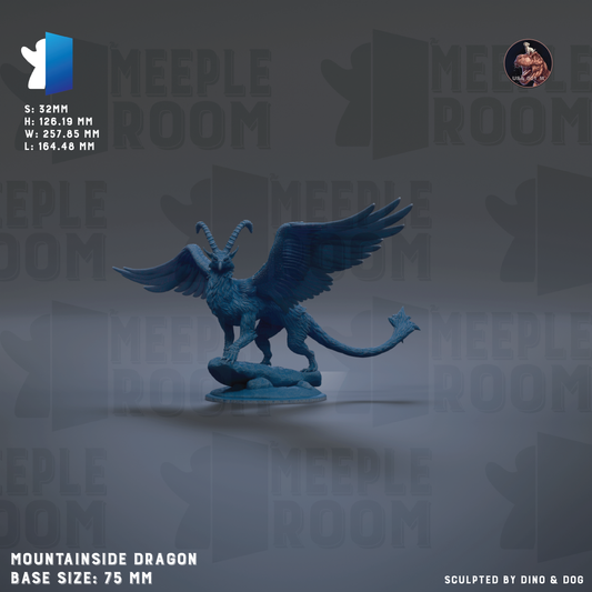 a blue dragon statue with wings and horns, standing on a base. The dragon is the main subject of the image, and it is described as a "Mountain Inside Dragon" with a base size of 75 mm.