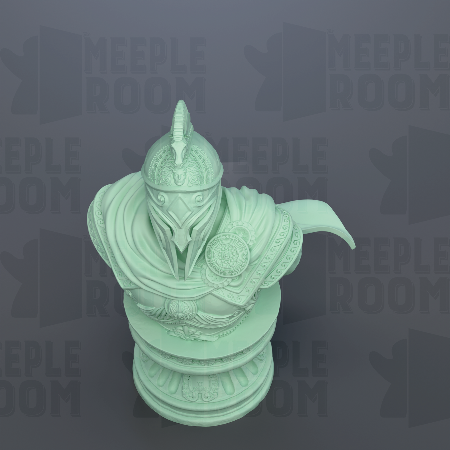 A green bust of a warrior figure wearing a helmet and armor, standing against a dark background with repeated text.