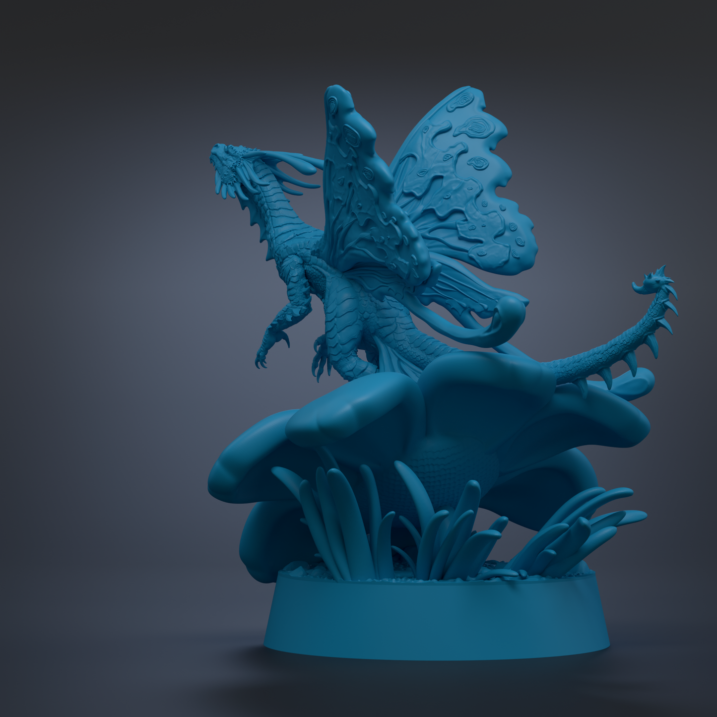 A blue dragon-like creature with wings and a tail, standing on a blue base with various organic shapes.