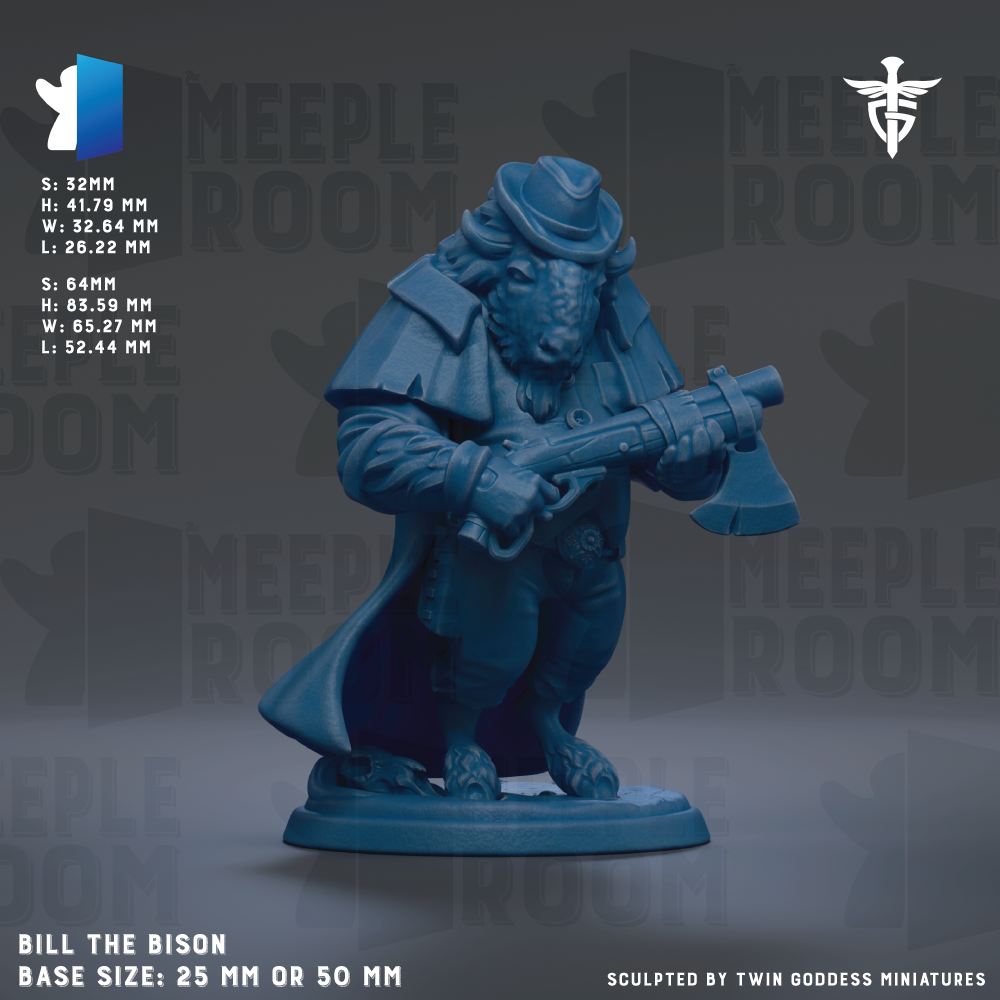 The image is a figurine of a bison, a large wild boar, holding a gun and standing on a base. The figurine is described as "BILL THE BISON" and "BASE SIZE: 25mm OR 50mm". The background of the image is described as "MEPLE ROOM".