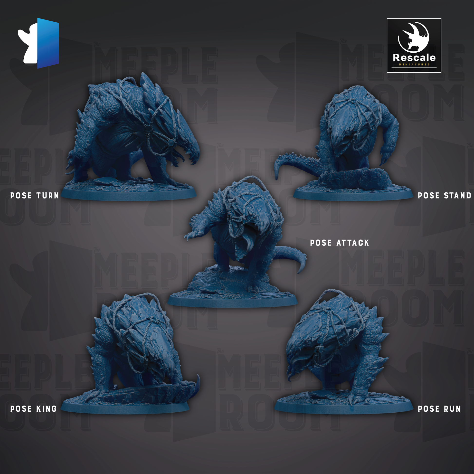 five blue figurines of creatures, each with a different pose, arranged in a grid-like pattern against a dark background.