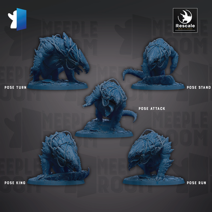 five blue figurines of creatures, each with a different pose, arranged in a grid-like pattern against a dark background.