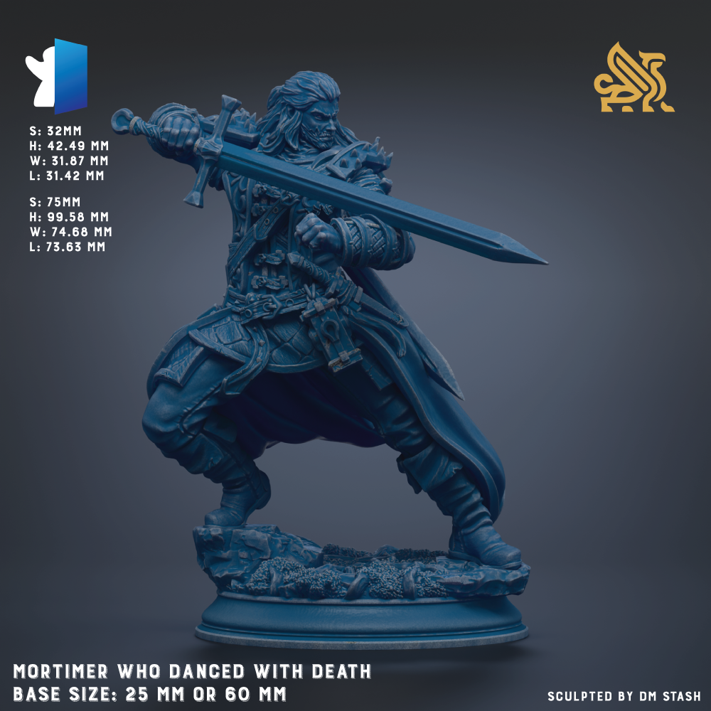 a figurine of a knight in a fighting stance, holding a sword and wearing armor. The figurine is described as having a base size of 25mm or 60mm.