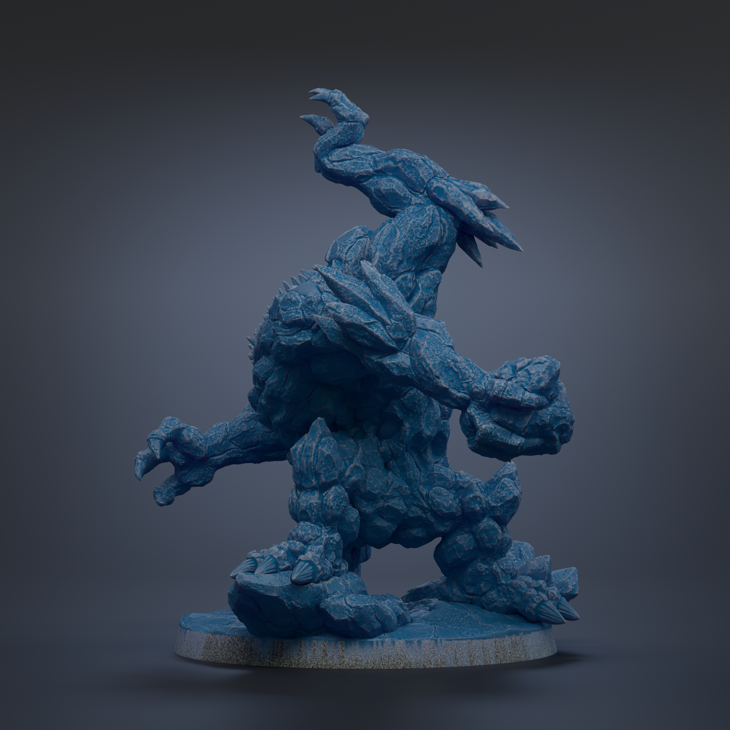 A 3D rendering of a blue, rocky-looking creature with sharp claws and a fierce expression, standing on a platform against a dark background.