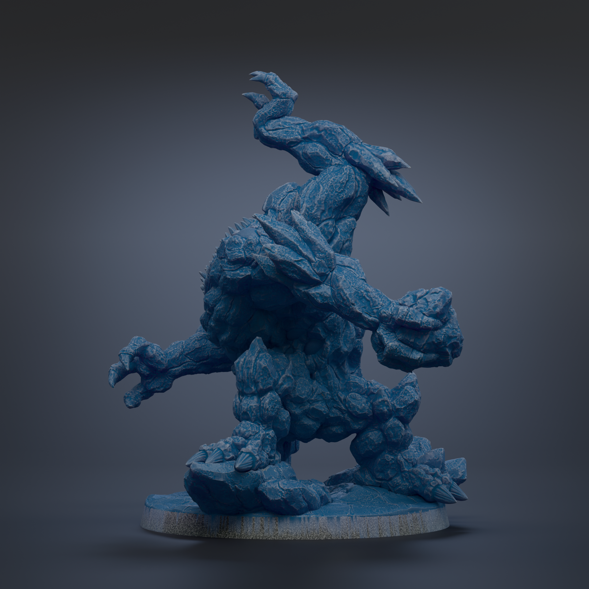 A 3D rendering of a blue, rocky-looking creature with sharp claws and a fierce expression, standing on a platform against a dark background.