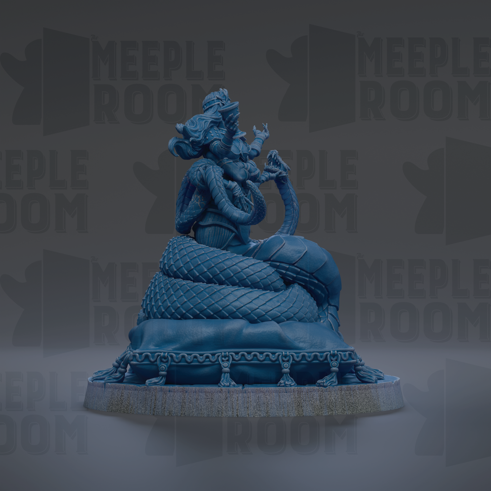 A blue statue of a mythical creature, possibly a dragon or serpent, sitting on a pedestal against a dark background with repeated text.