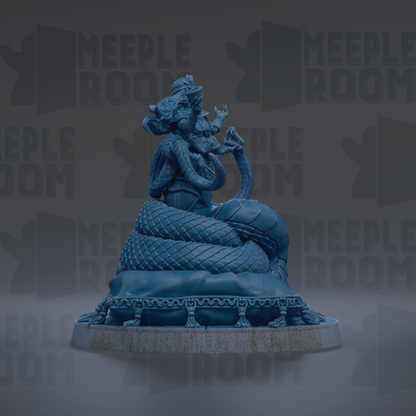 A blue statue of a mythical creature, possibly a dragon or serpent, sitting on a pedestal against a dark background with repeated text.
