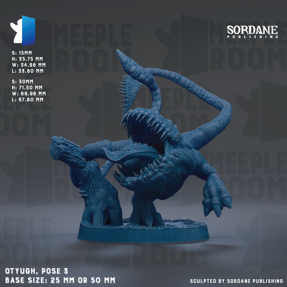 The image is a 3D model of a blue monster-like creature, possibly a sea monster or a similar aquatic creature, posed on a base size of 25 mm or 50 mm. The creature has sharp teeth and appears to be in a dynamic pose, with its mouth open and its body twisted. The background of the image is a dark blue color, which contrasts with the blue of the creature and the base. The image does not contain any text or additional objects, and the creature is the sole focus of the image.
