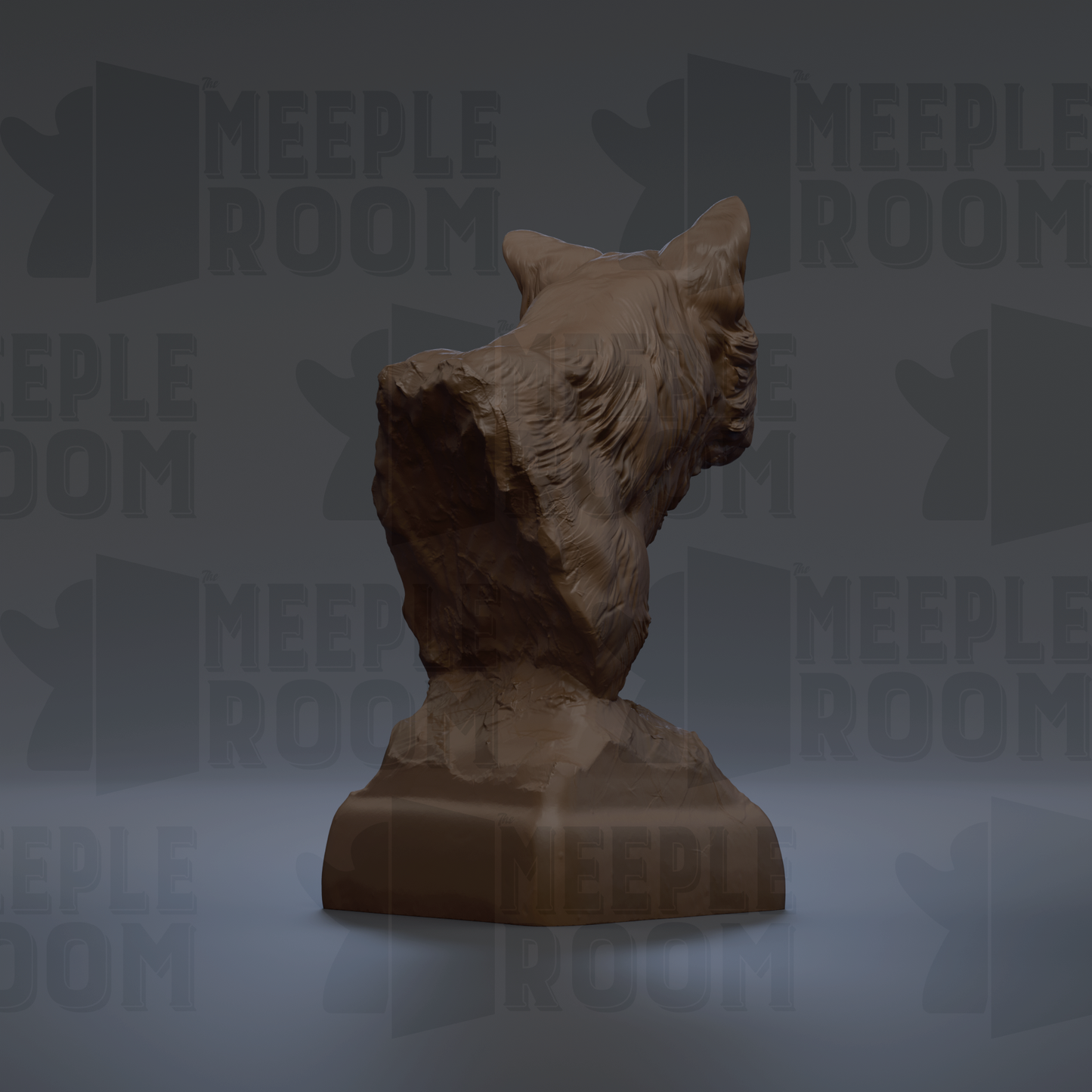 A 3D rendering of a brown statue of a cat's head, sitting on a square base.