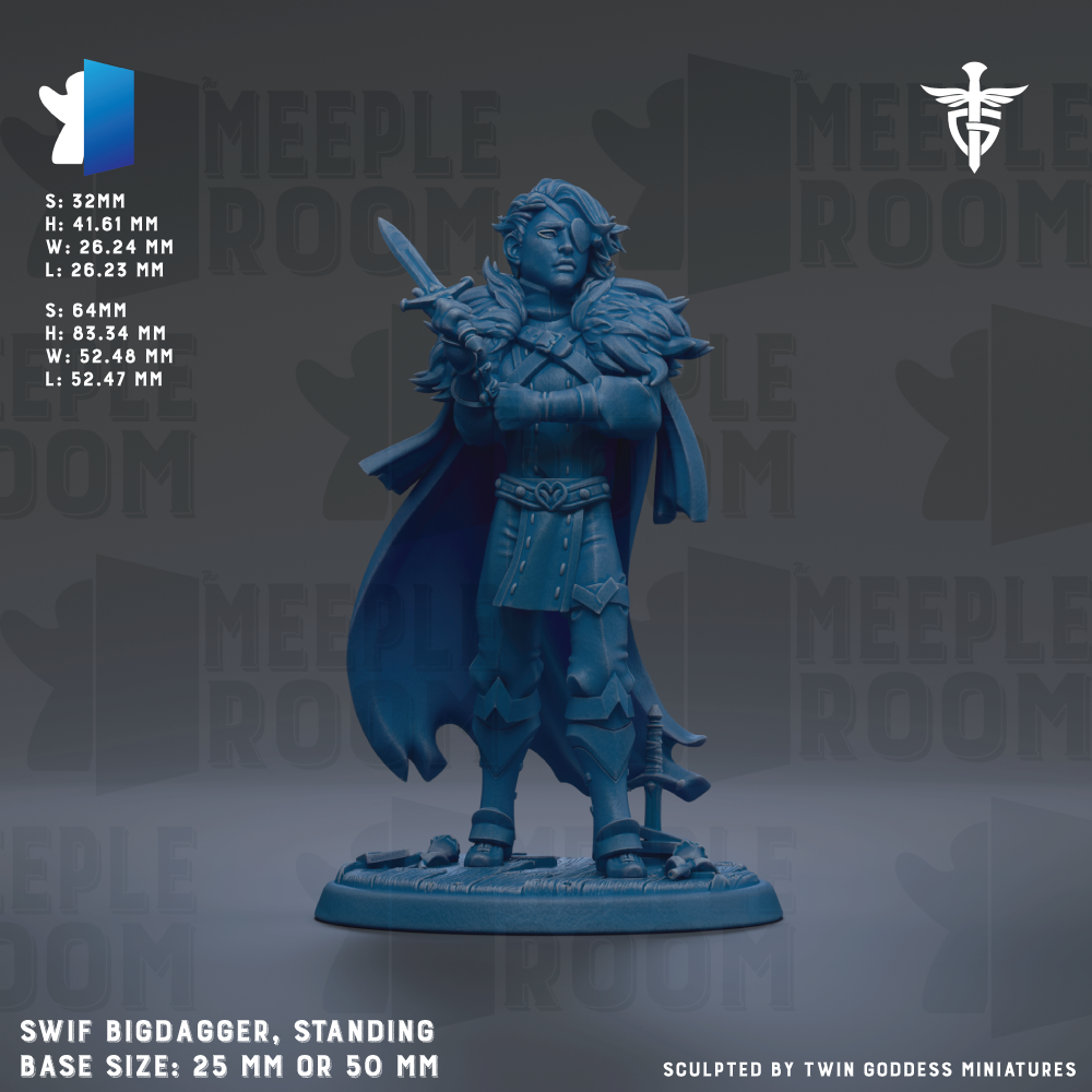 a figurine of a man standing with his arms crossed, wearing a cape and holding a sword. The figurine is blue in color and appears to be a character from a fantasy or adventure game. The image is described as a "meadow" and "meadow room" and is part of a larger collection of images. The base size of the figurine is either 25mm or 50mm.