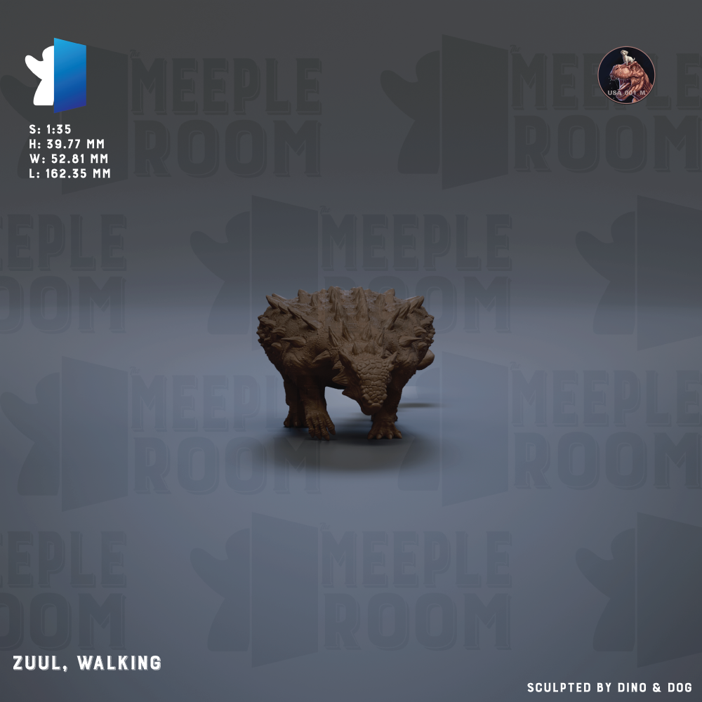 a 3D model of a dinosaur, specifically a zuul, which is a walking dinosaur. The dinosaur is standing on a gray background with the text "MEIPLE ROOM" repeated multiple times. The image is described as a collage of multiple images and is not a single image. The image is not a photograph, but rather a 3D model of a dinosaur.