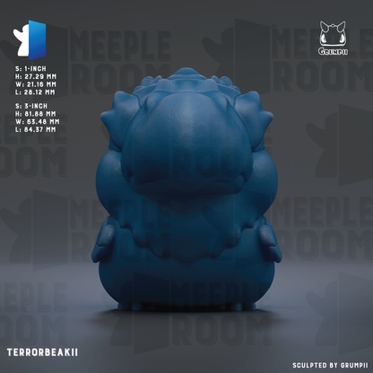 The image is a 3D rendering of a blue, skull-like figure with a skull-like face and a skull-like body. The figure appears to be a toy or figurine, and it is described as a " TerrorbeakII" with a size of 5-1-inch. The background of the image is a dark gray color, and there is text that reads "MEUPLE ROOM" repeated multiple times throughout the image.