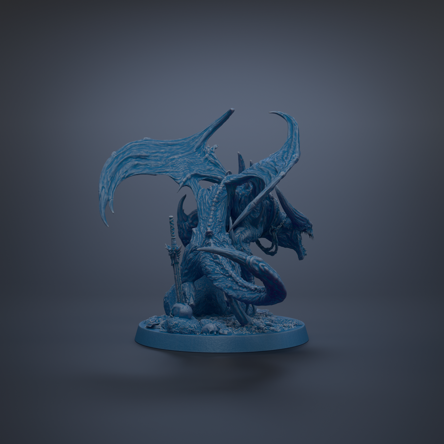 A 3D rendering of a blue dragon-like creature with sharp teeth and claws, standing on a blue base.