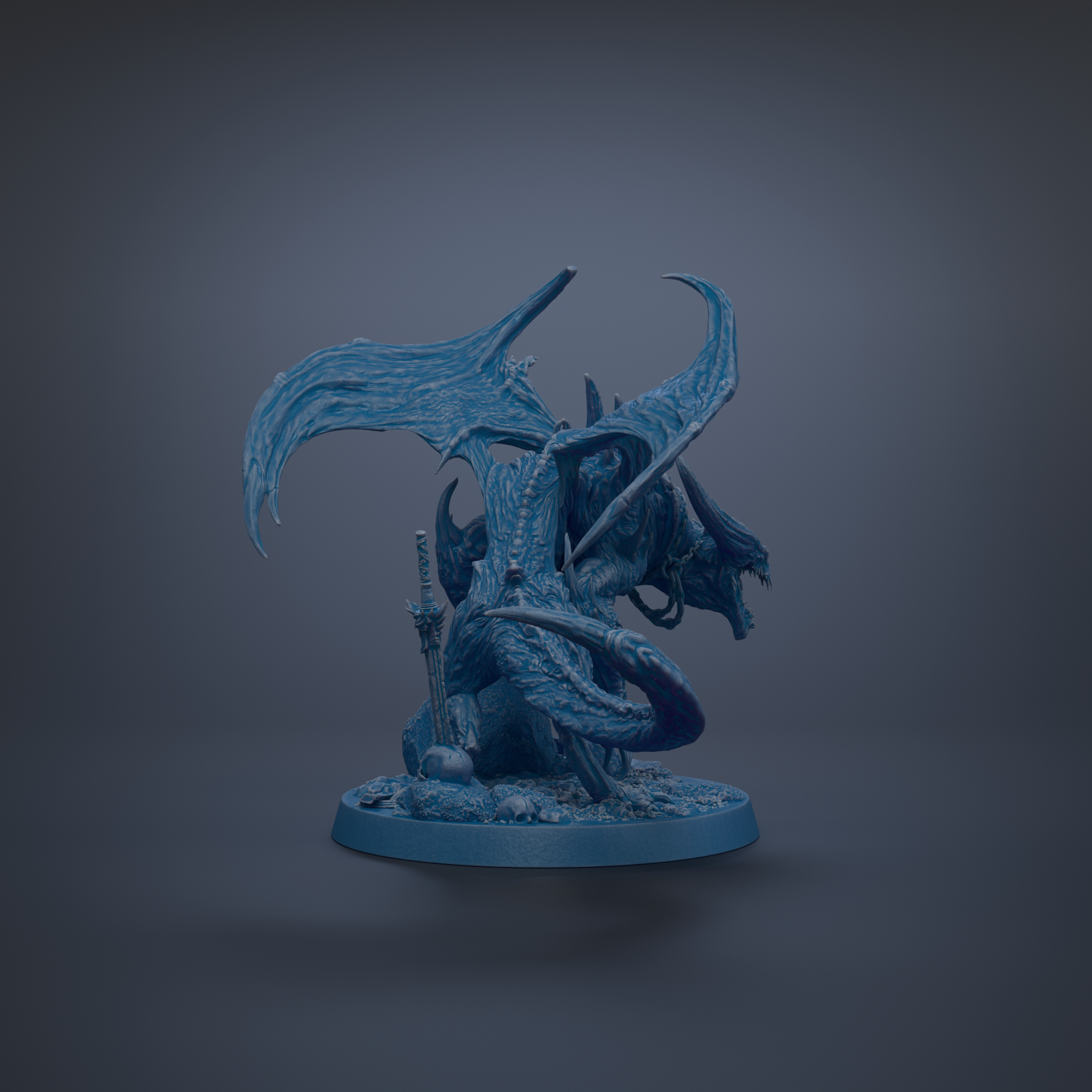 A 3D rendering of a blue dragon-like creature with sharp teeth and claws, standing on a blue base.