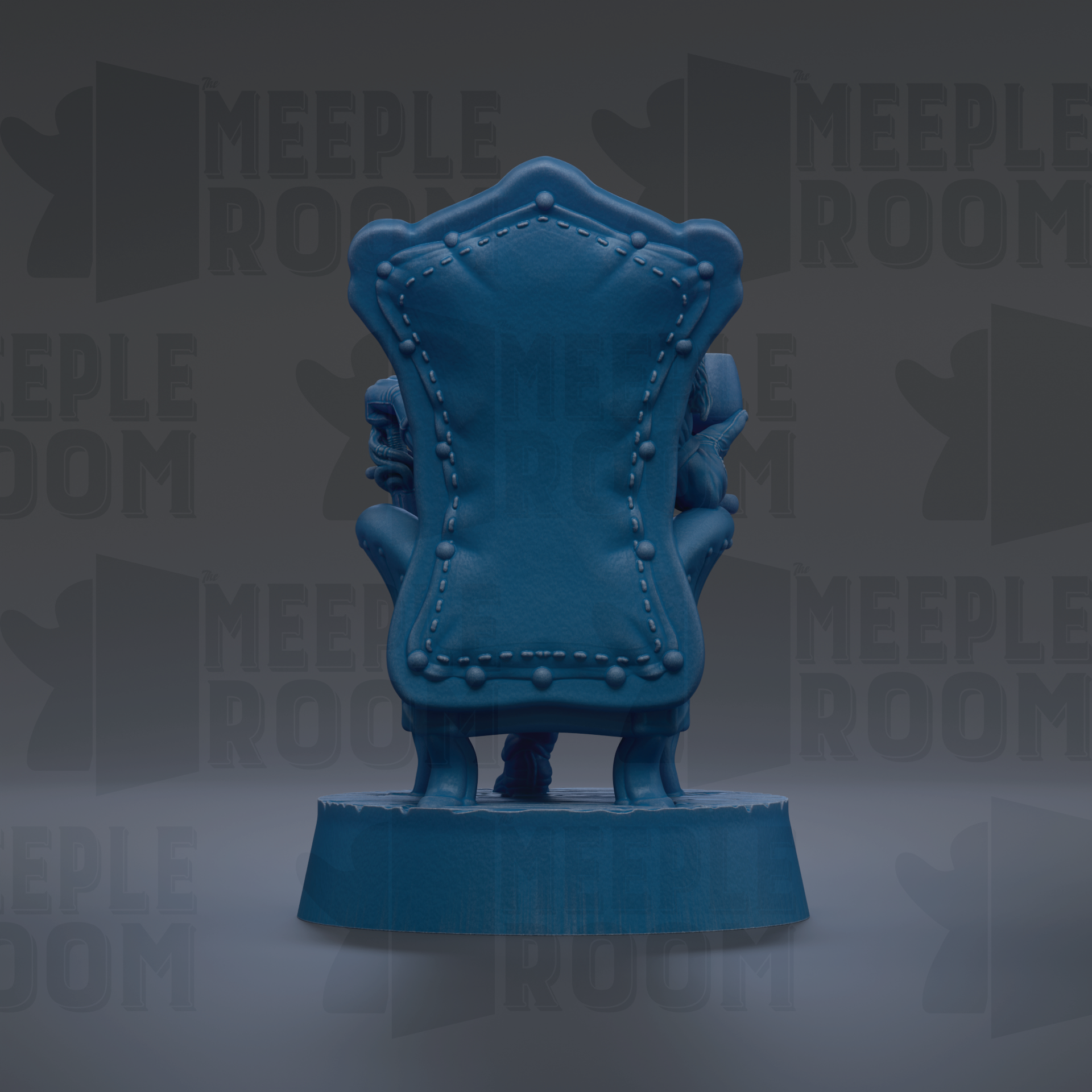 A blue, ornate chair with a decorative backrest and legs, sitting on a pedestal.