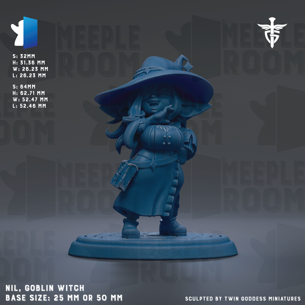 A blue figurine of a witch, likely a NIL, is displayed on a base size of 25mm or 50mm.