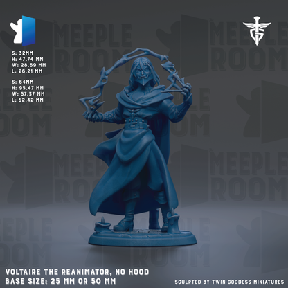 a figurine of a character named Voltaire, the reanimator, with a base size of 25mm or 50mm.