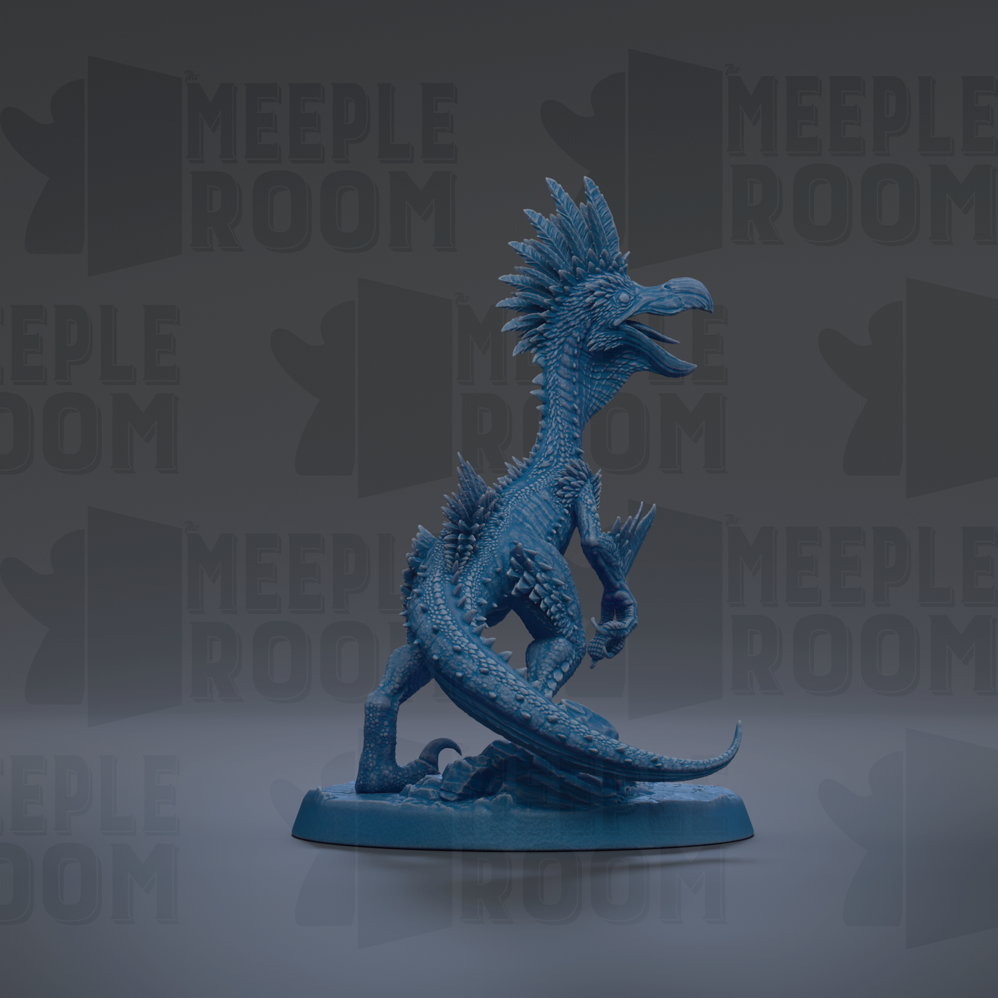 A blue, spiky figurine of a dinosaur-like creature with sharp teeth and claws, standing on a base.