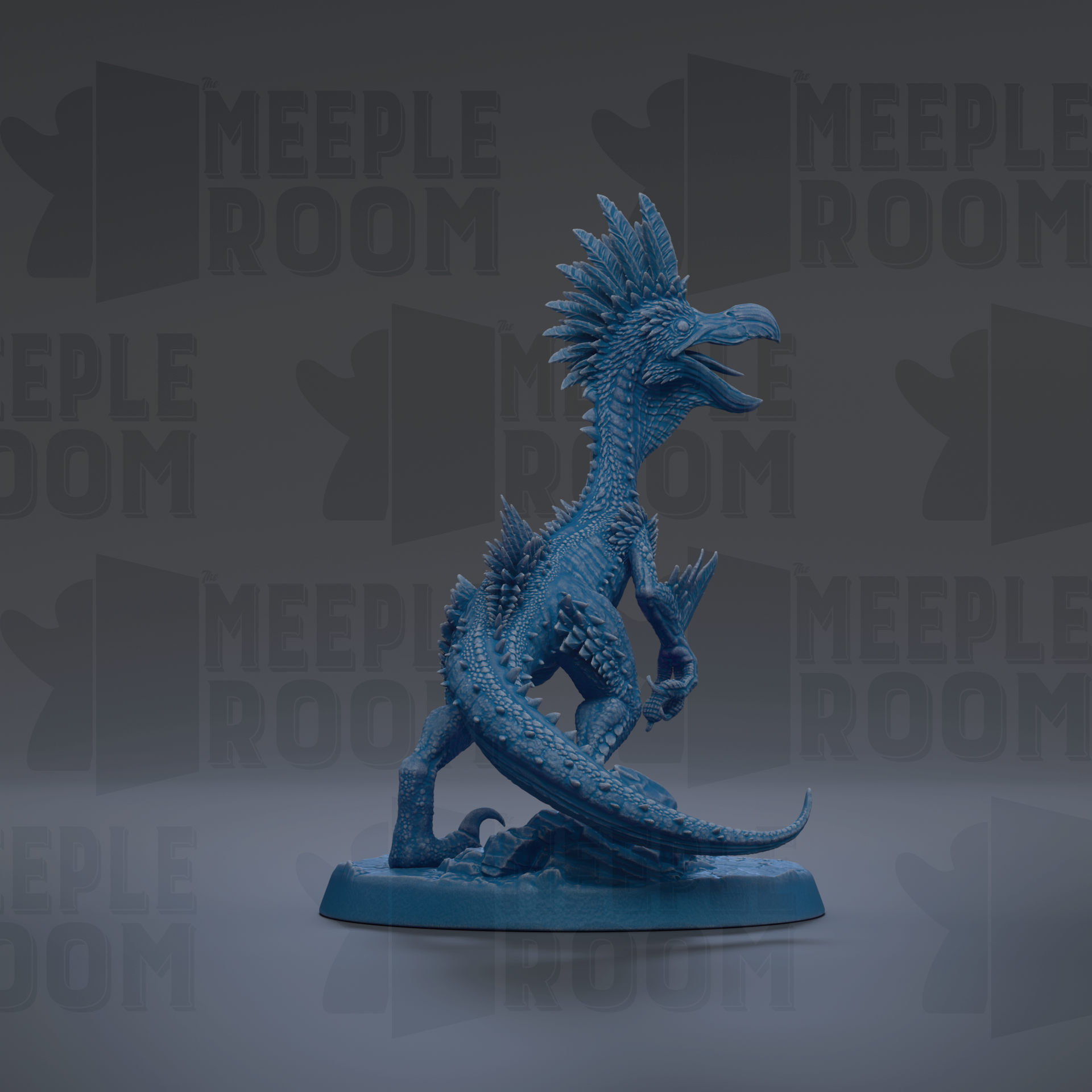 A blue, spiky figurine of a dinosaur-like creature with sharp teeth and claws, standing on a base.