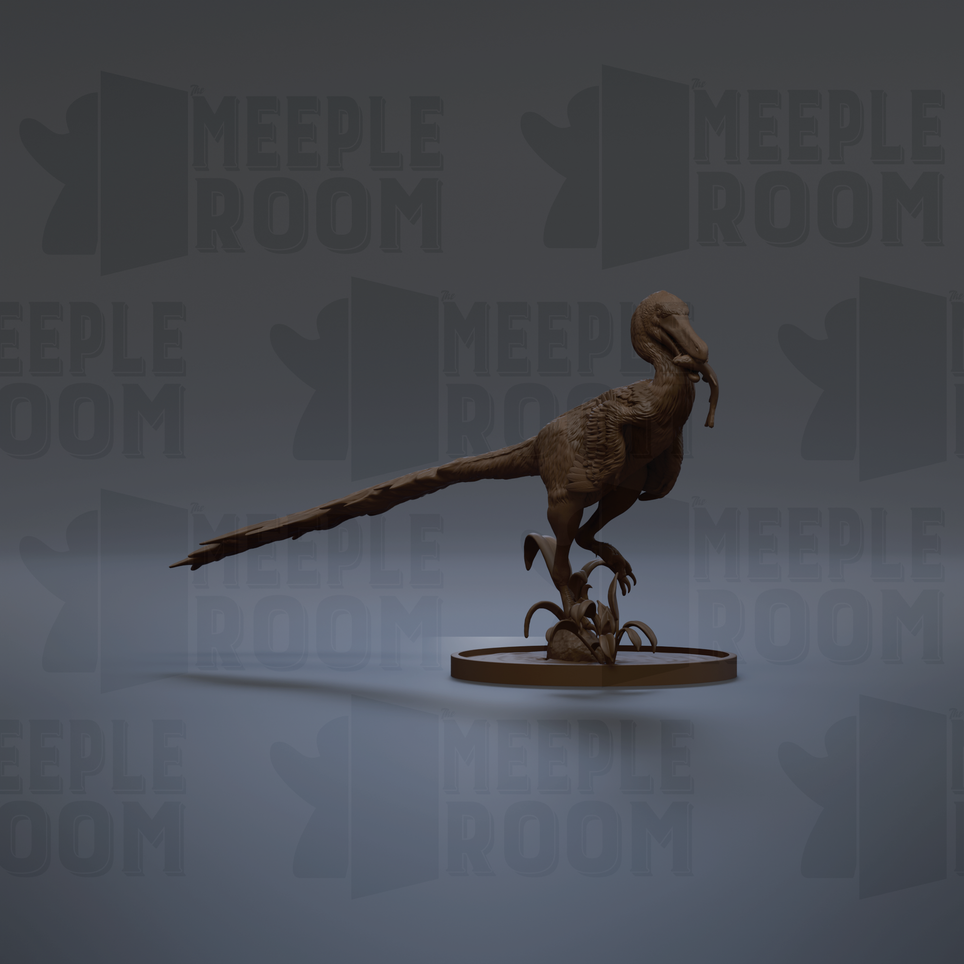 A 3D rendering of a dinosaur statue, likely a Velociraptor, standing on a circular base. The background has the text "MEEPLE ROOM" repeated multiple times, suggesting the image is part of a larger collection or series.