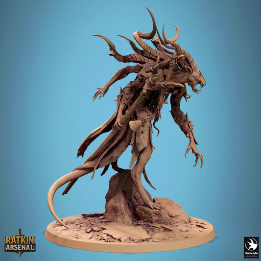 a detailed, intricate statue of a creature with multiple arms and sharp claws, standing on a rock formation against a blue background.