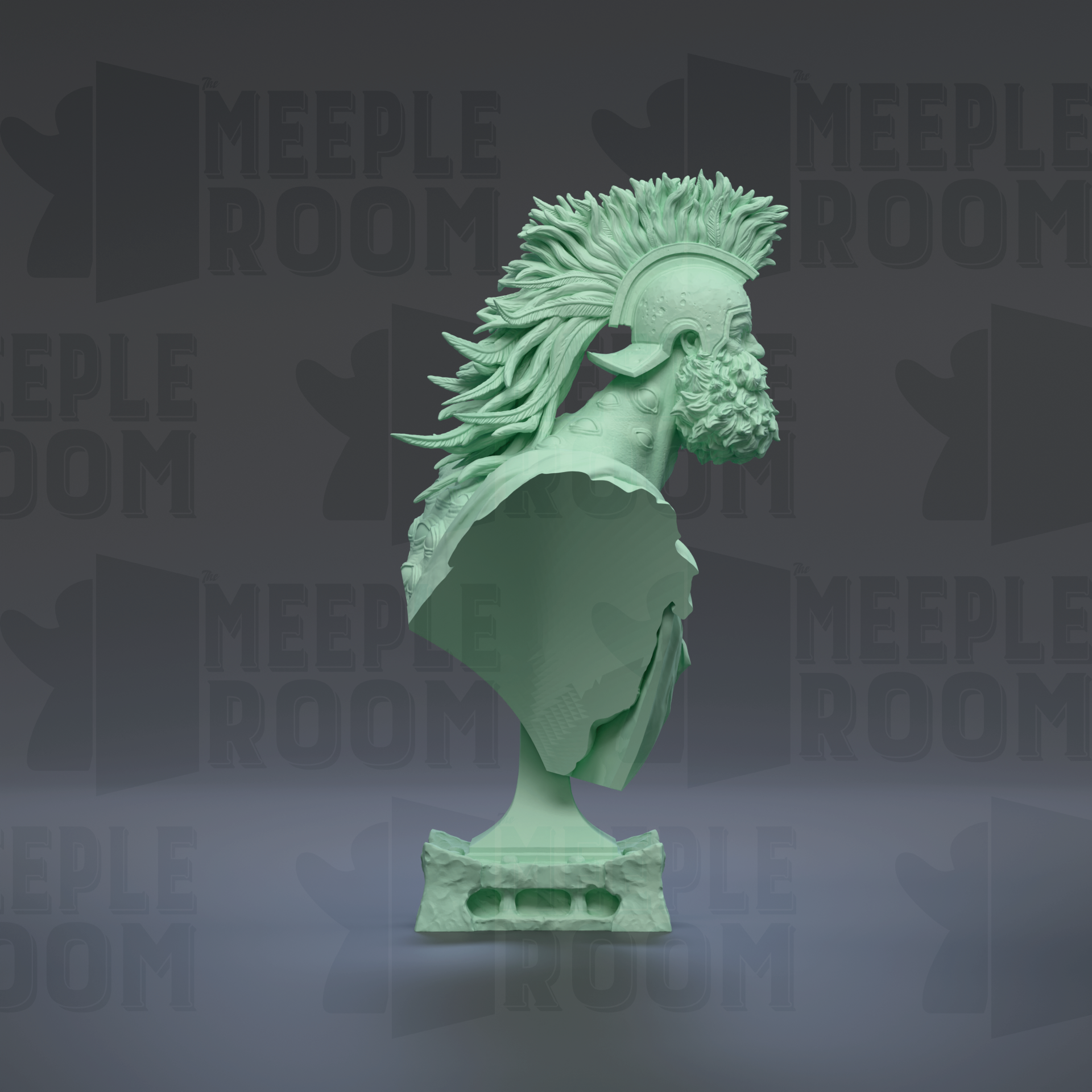 A green bust sculpture with a large headdress and beard, set against a dark background with repeated text.