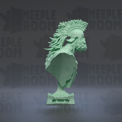 A green bust sculpture with a large headdress and beard, set against a dark background with repeated text.