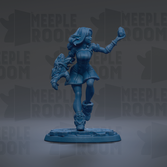 A blue figurine of a woman with long hair and a sword, standing on a platform and holding a shield.