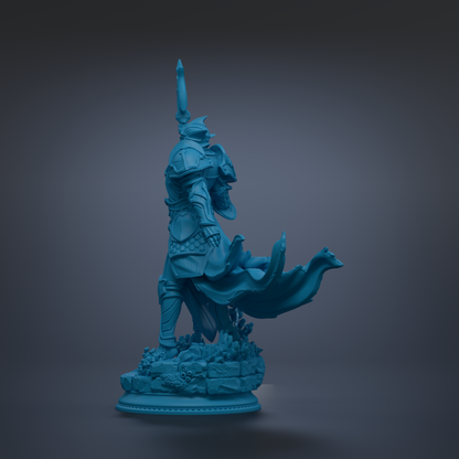 A blue statue of a warrior standing on a pedestal, with a flowing cape and a sword in hand.