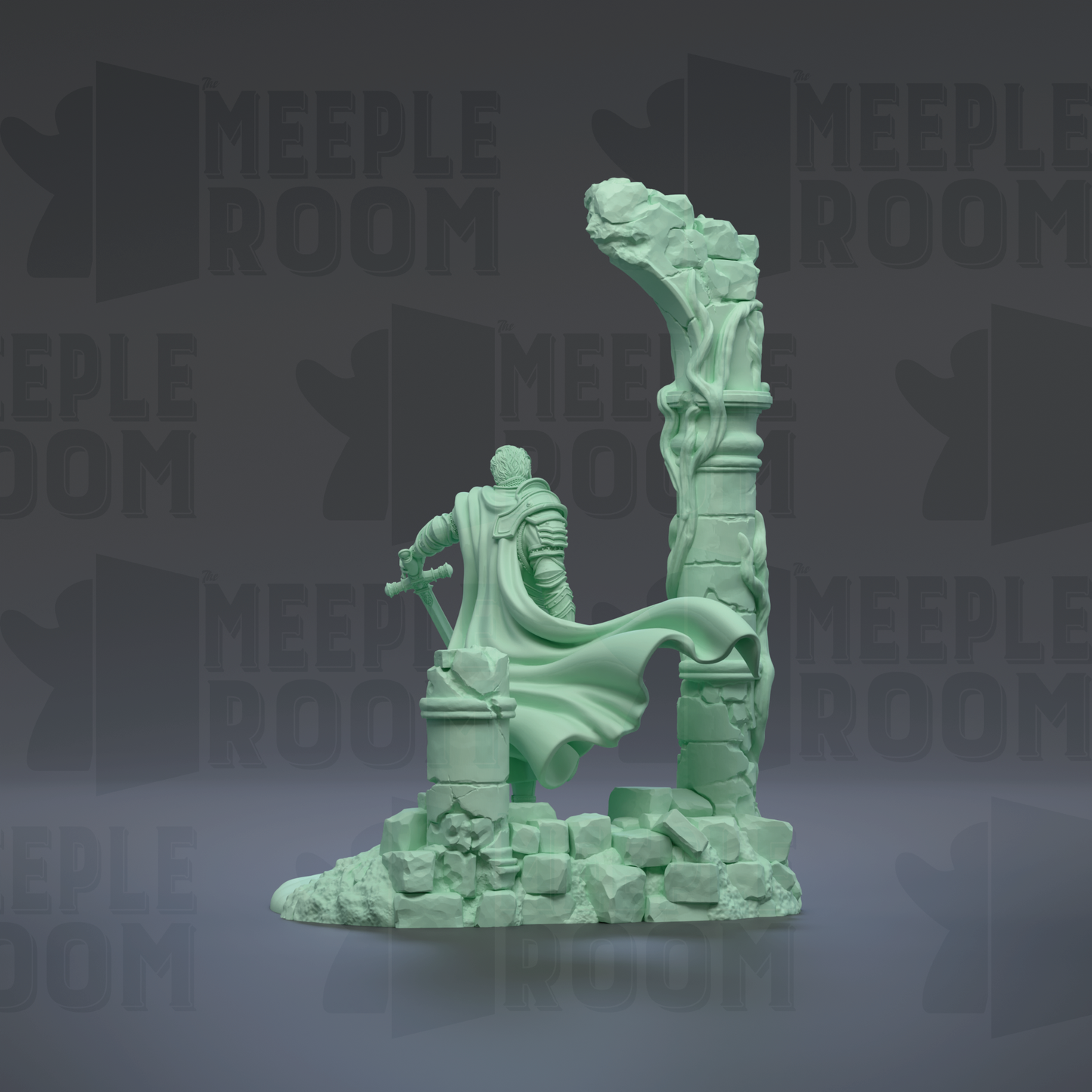 A green statue of a person holding a sword stands in front of a crumbling column, with the text "MEIPLLE ROOM" repeated in the background.