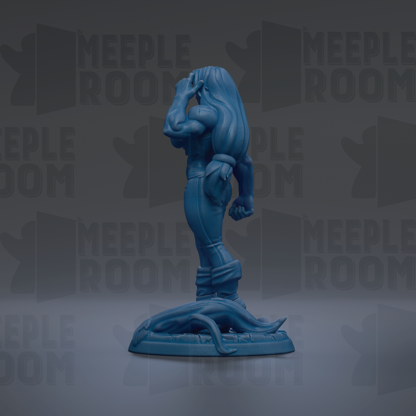 A blue figurine of a muscular, muscular-looking character standing on a base, with the text "MEUPLE ROOM" repeated in the background.