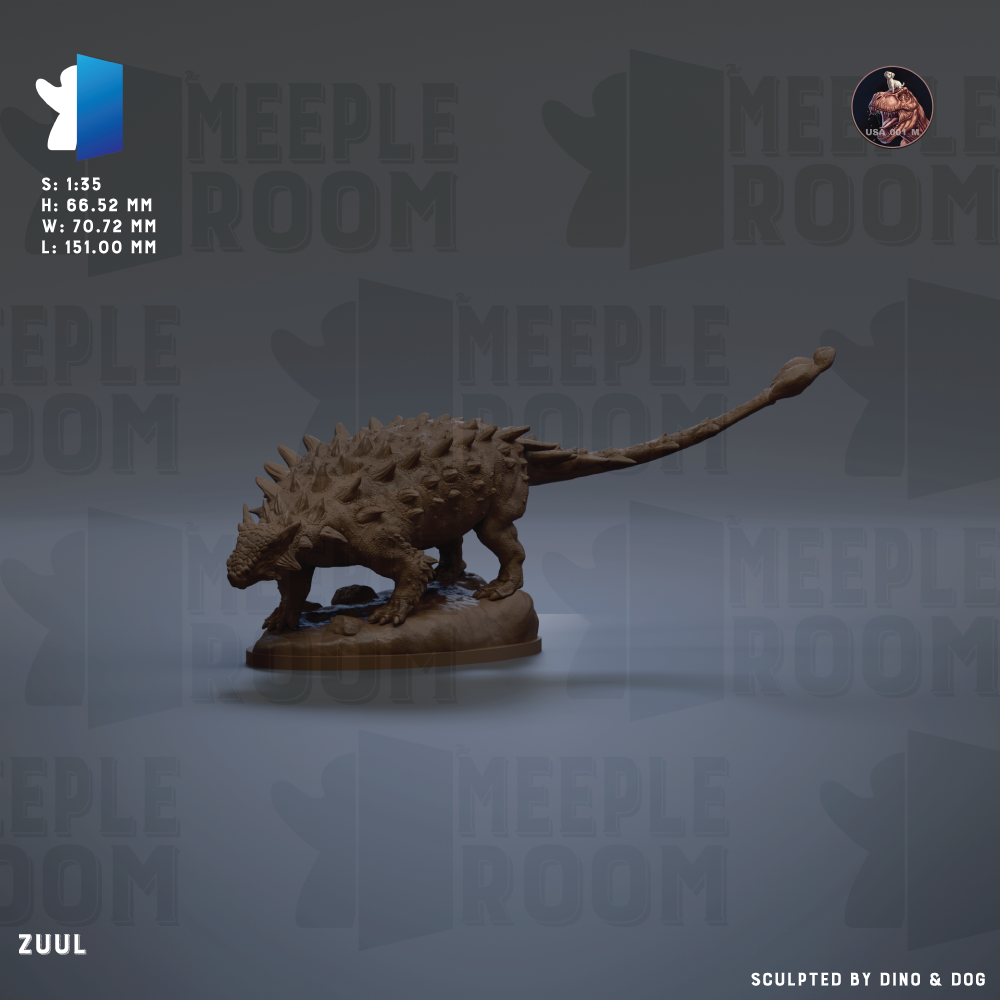 The image is a 3D model of a dinosaur, specifically a Meeple room dinosaur, named Zuul. The dinosaur is shown in a dynamic pose, with its tail curled around its body. The image is a collage of various images, and it is described as a 3D model of a dinosaur, a sculpture, and a figurine. The image is not a single image but a collection of images that together create a cohesive representation of the dinosaur.