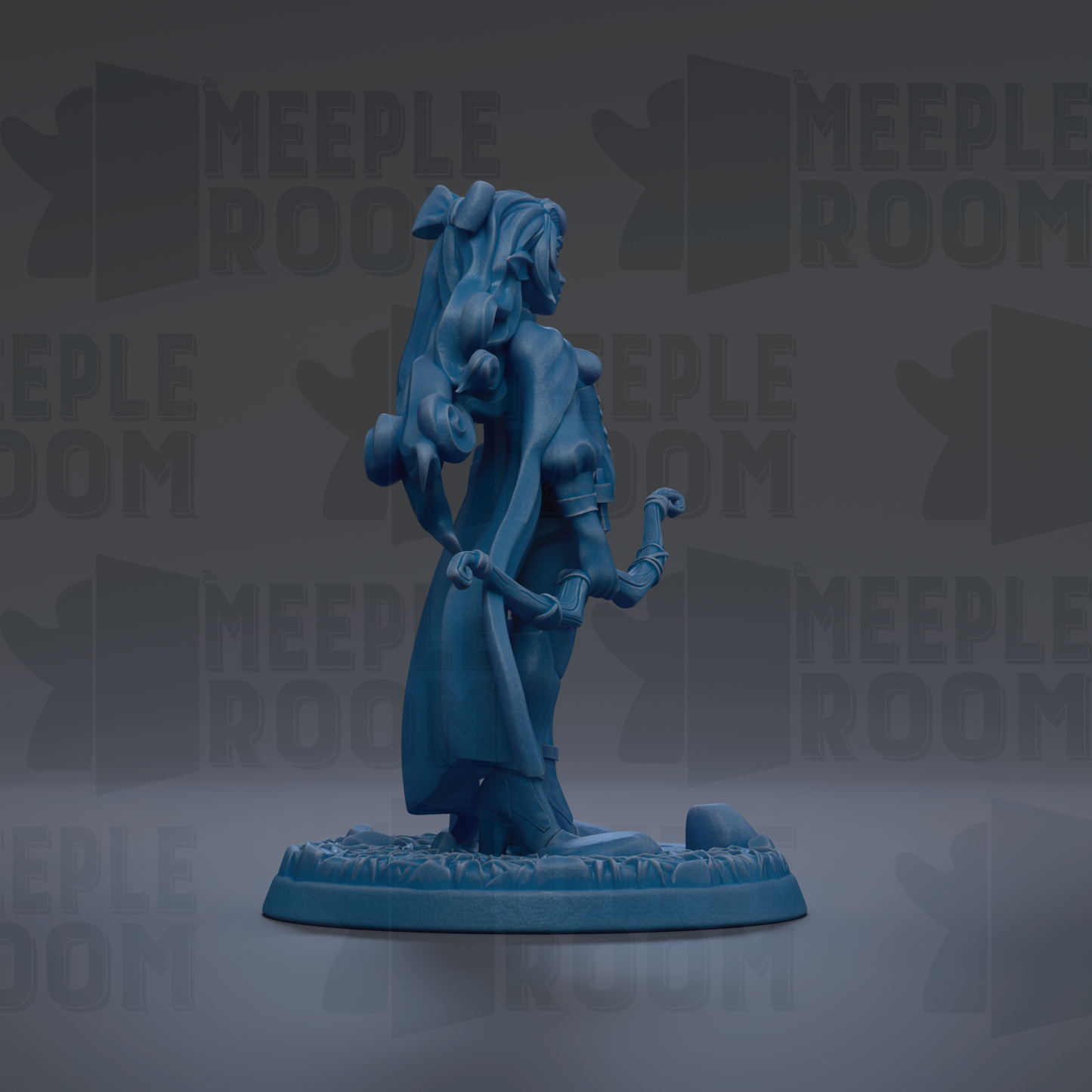 A blue figurine of a woman with long hair and a flowing dress stands on a base, surrounded by a dark background with repeated text.