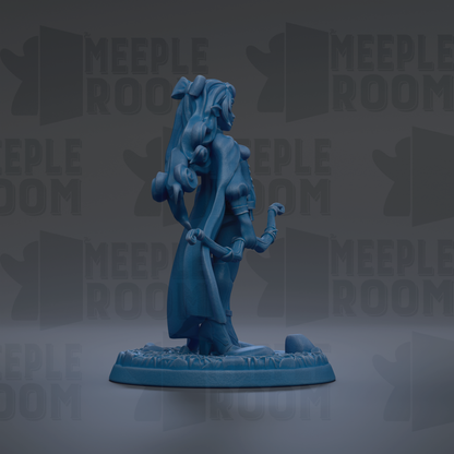 A blue figurine of a woman with long hair and a flowing dress stands on a base, surrounded by a dark background with repeated text.