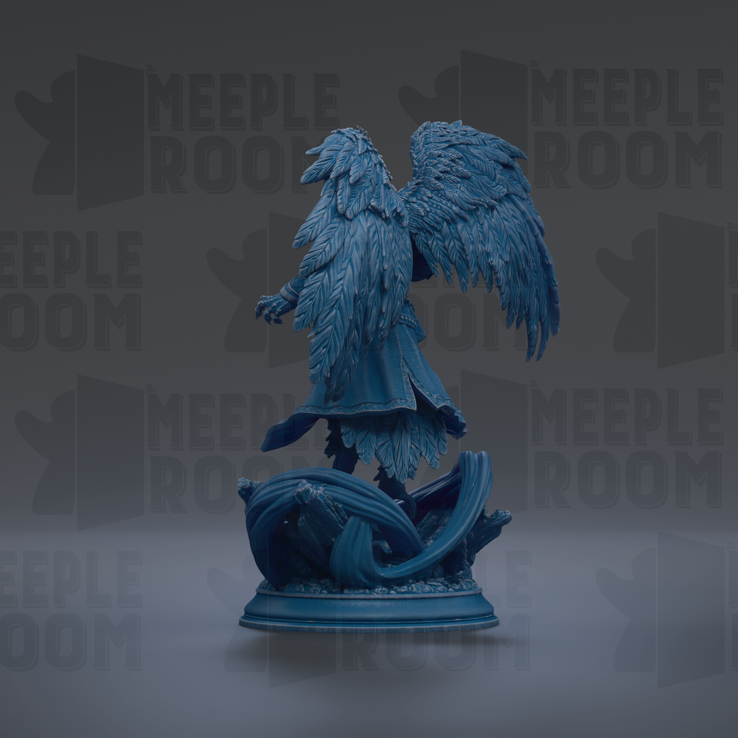 A blue statue of a winged figure with outstretched wings, standing on a pedestal against a dark background with repeated "MEUPLE ROOM" text.