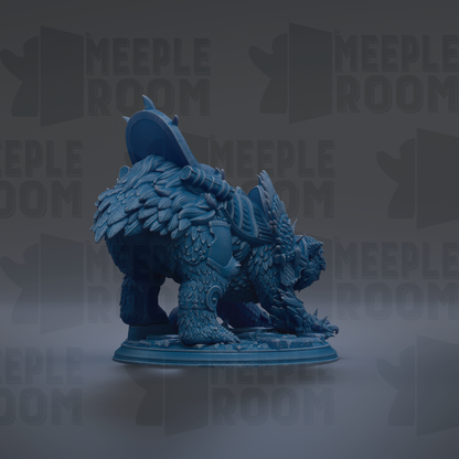 A 3D rendering of a blue, winged creature with a large head and sharp teeth, standing on a platform.