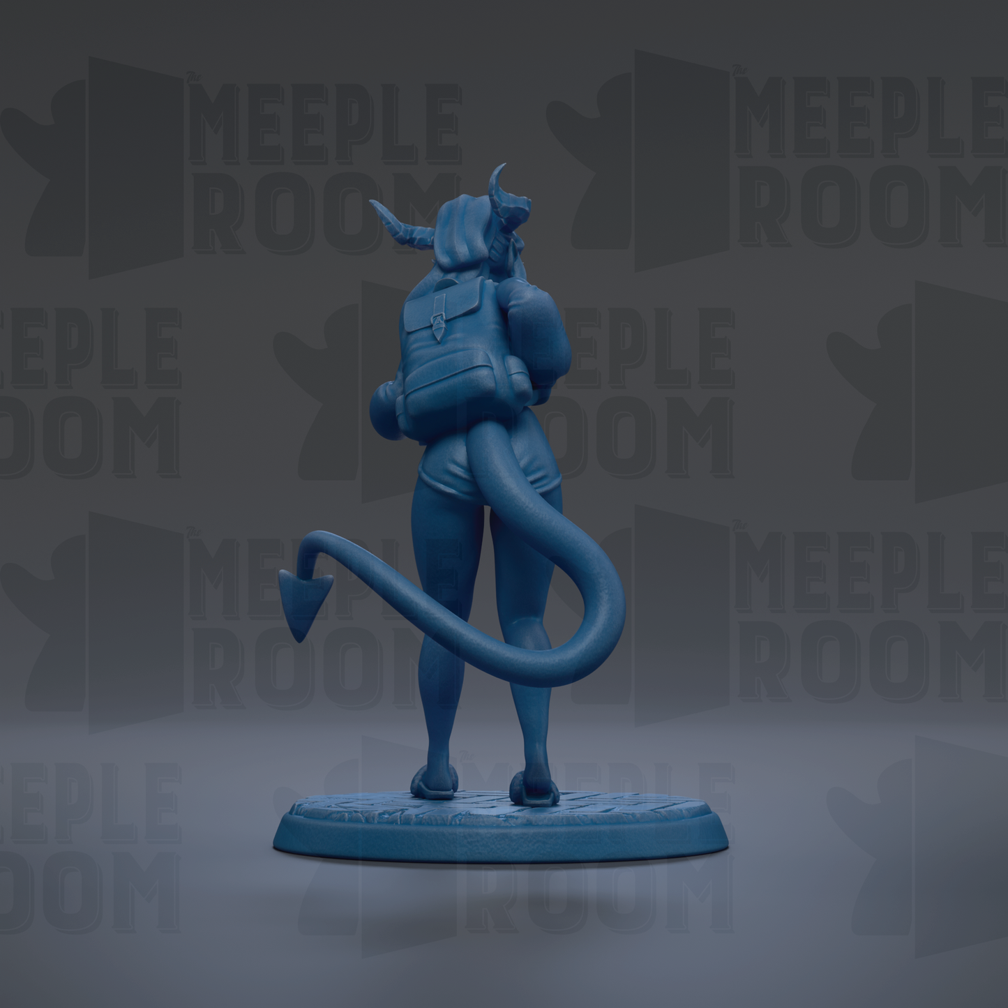 A blue figurine of a person with a backpack and a large tail, standing on a blue base against a dark background with repeated text.