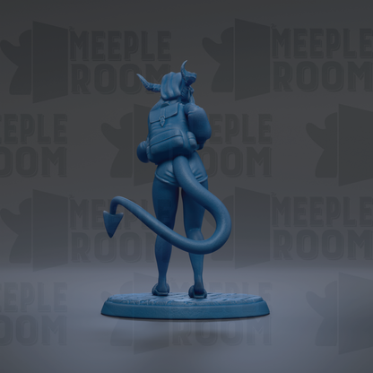 A blue figurine of a person with a backpack and a large tail, standing on a blue base against a dark background with repeated text.