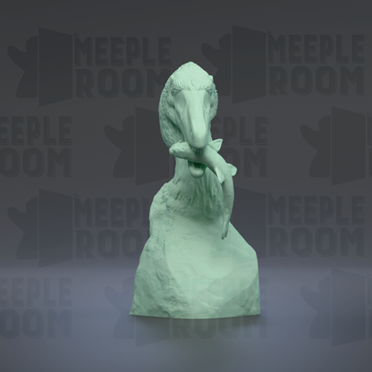 A green stone sculpture of a bird holding a fish in its beak, set against a dark background with repeated text.