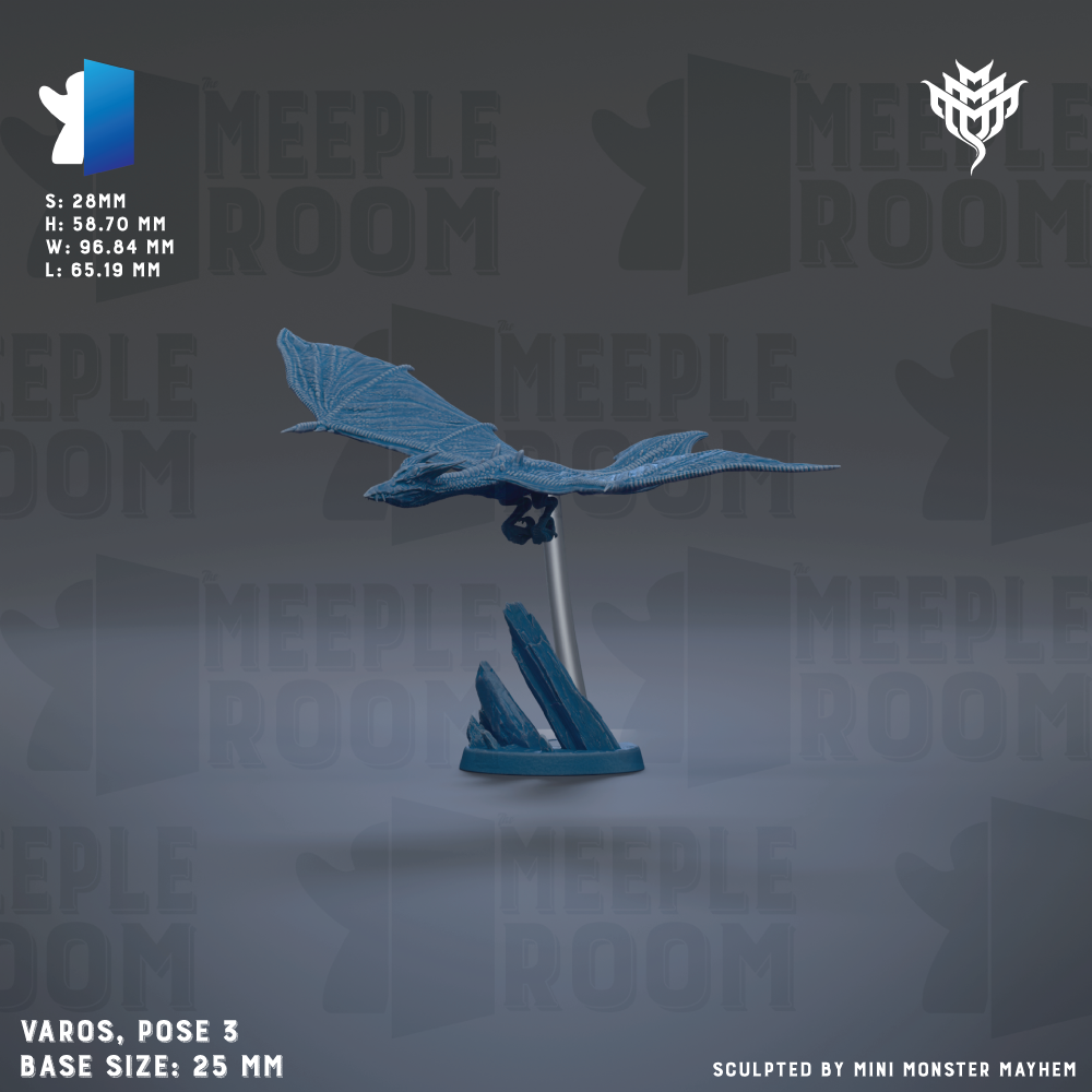 a blue dragon figurine posed on a stand, with the dragon's wings spread wide. The dragon is positioned on a stand that is described as having a base size of 25mm. The background of the image is a dark gray color, and the phrase "MEEPLE ROOM" is visible in the image.