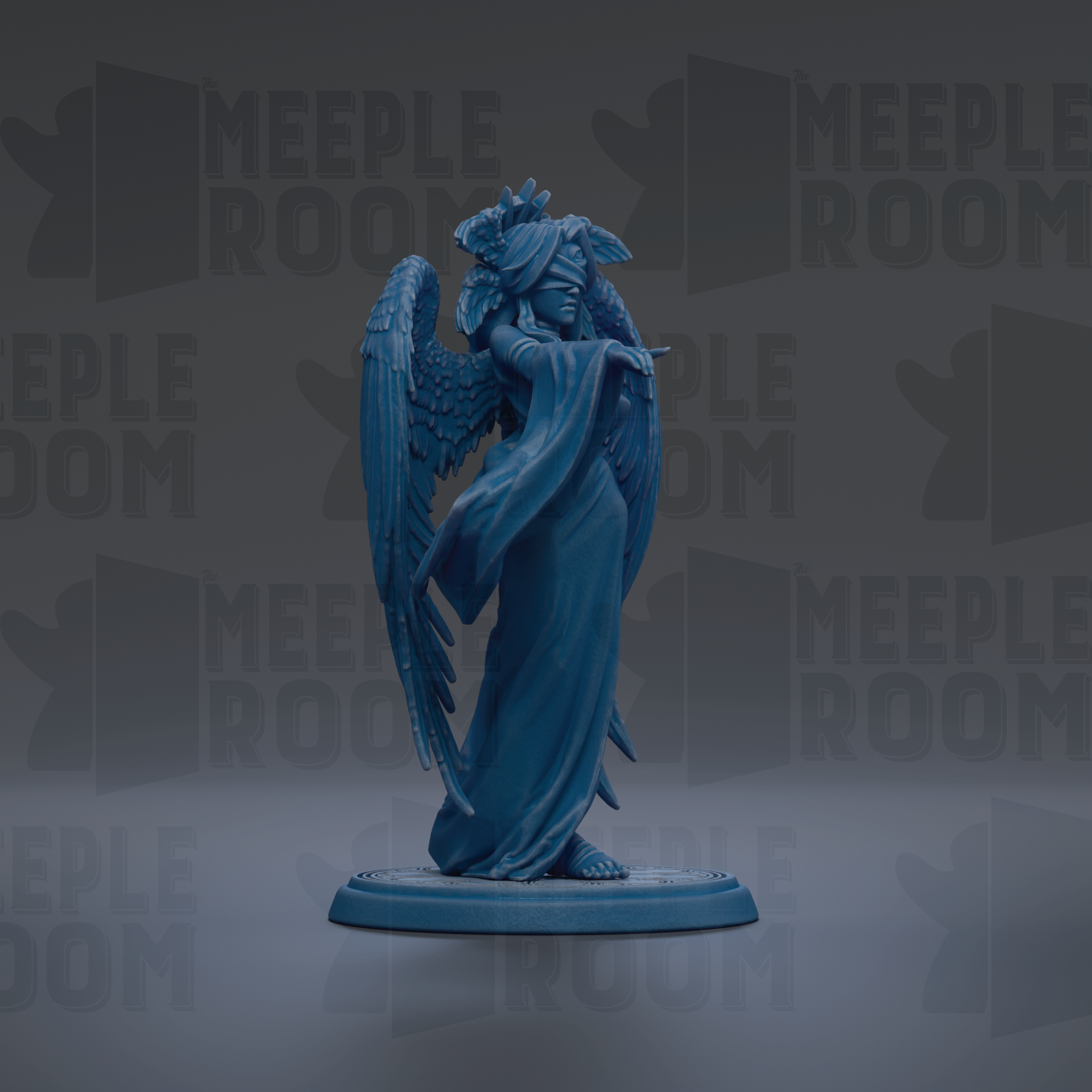 A blue figurine of a winged, winged figure with a flowing robe stands on a blue base against a dark background with repeated text.
