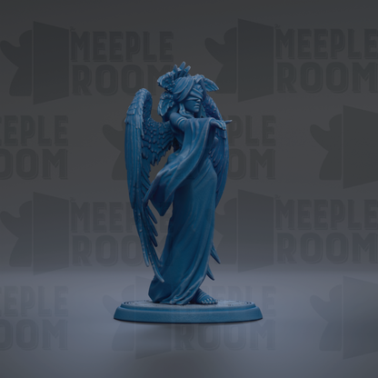 A blue figurine of a winged, winged figure with a flowing robe stands on a blue base against a dark background with repeated text.