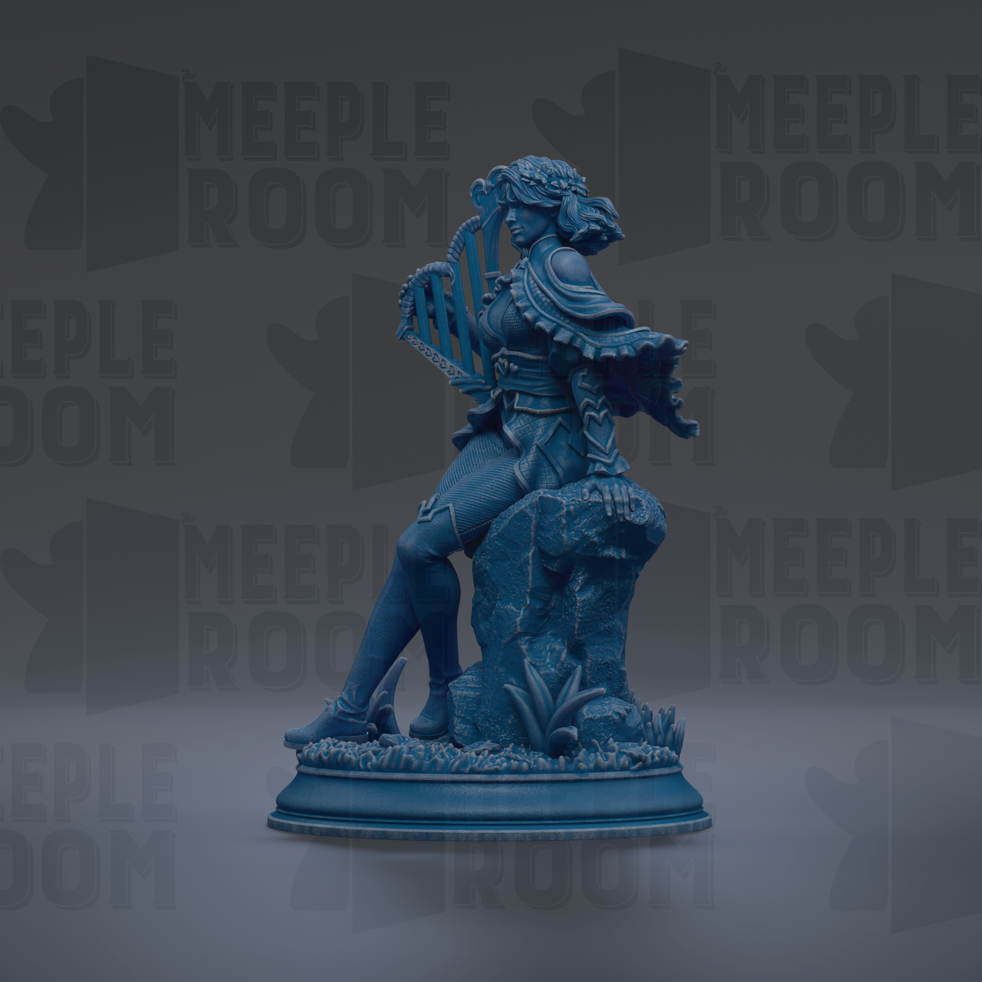 A blue statue of a woman sitting on a rock, with a flowing robe and a musical instrument in her hand.
