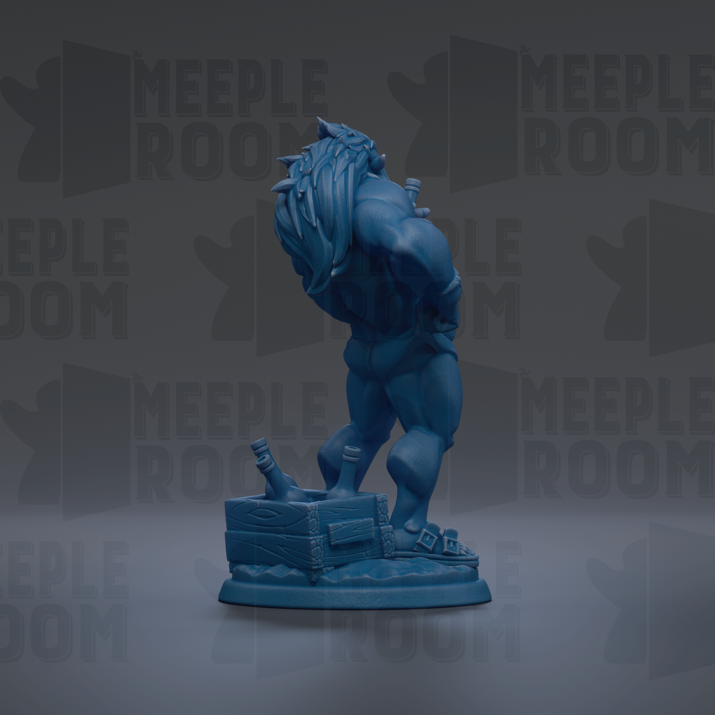 A blue figurine of a muscular, fantastical creature with long hair and a fierce expression, standing on a base with a crate and other objects.