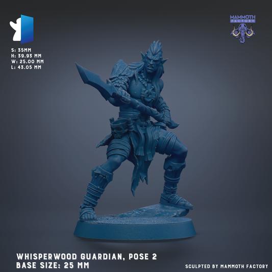 A 3D model of a Whisperwood Guardian, a pose 2 character from the Mammoth Factory series, with a base size of 25 mm.