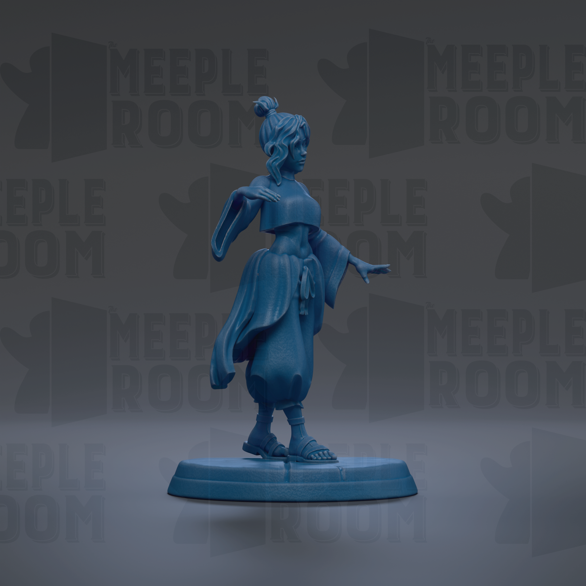 A blue figurine of a person standing on a platform against a dark background with repeated text.