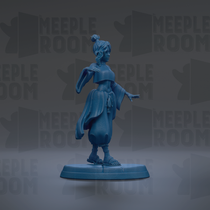 A blue figurine of a person standing on a platform against a dark background with repeated text.
