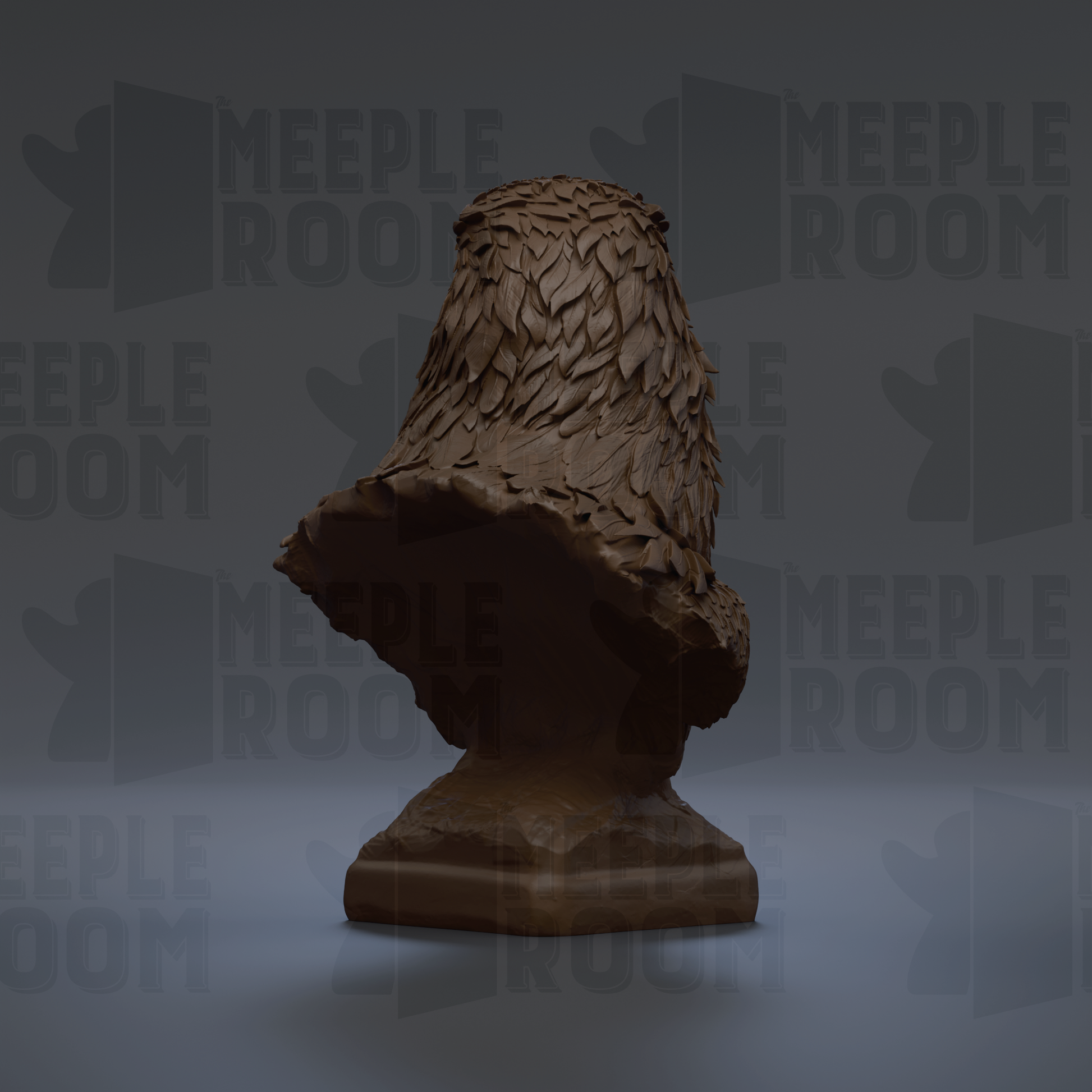 A 3D rendering of a brown, leaf-like sculpture or statue, with the text "MEEPLE ROOM" repeated in the background.