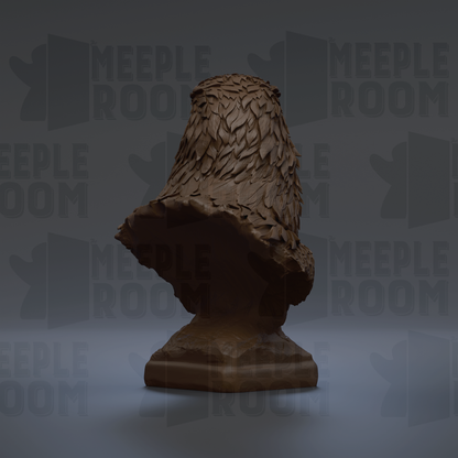 A 3D rendering of a brown, leaf-like sculpture or statue, with the text "MEEPLE ROOM" repeated in the background.